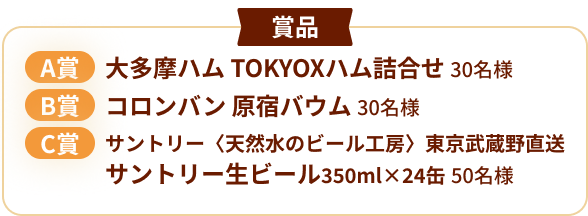 賞品　A賞　大多摩ハム TOKYOXハム詰合せ 30名様／B賞　コロンバン 原宿バウム 30名様／B賞　サントリー〈天然水のビール工房〉東京武蔵野直送　サントリー生ビール350ml×24缶 50名様